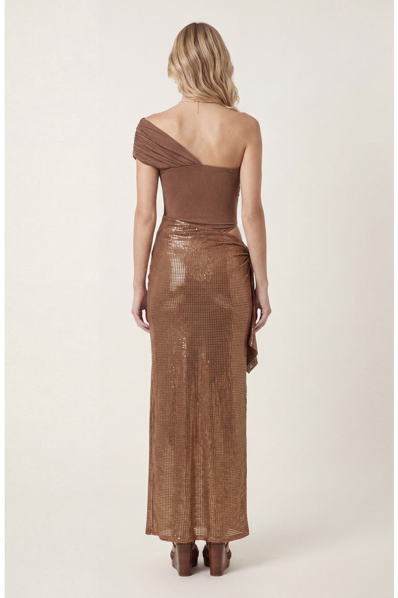 One Shoulder Ruched Maxi Dress, Alternate, color, Bronze