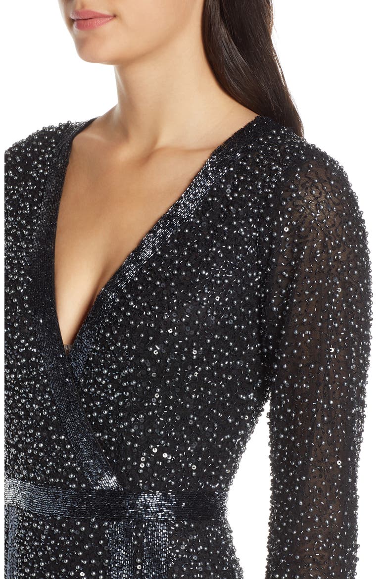 Long Sleeve Beaded Gown, Alternate, color, BLACK PEARL