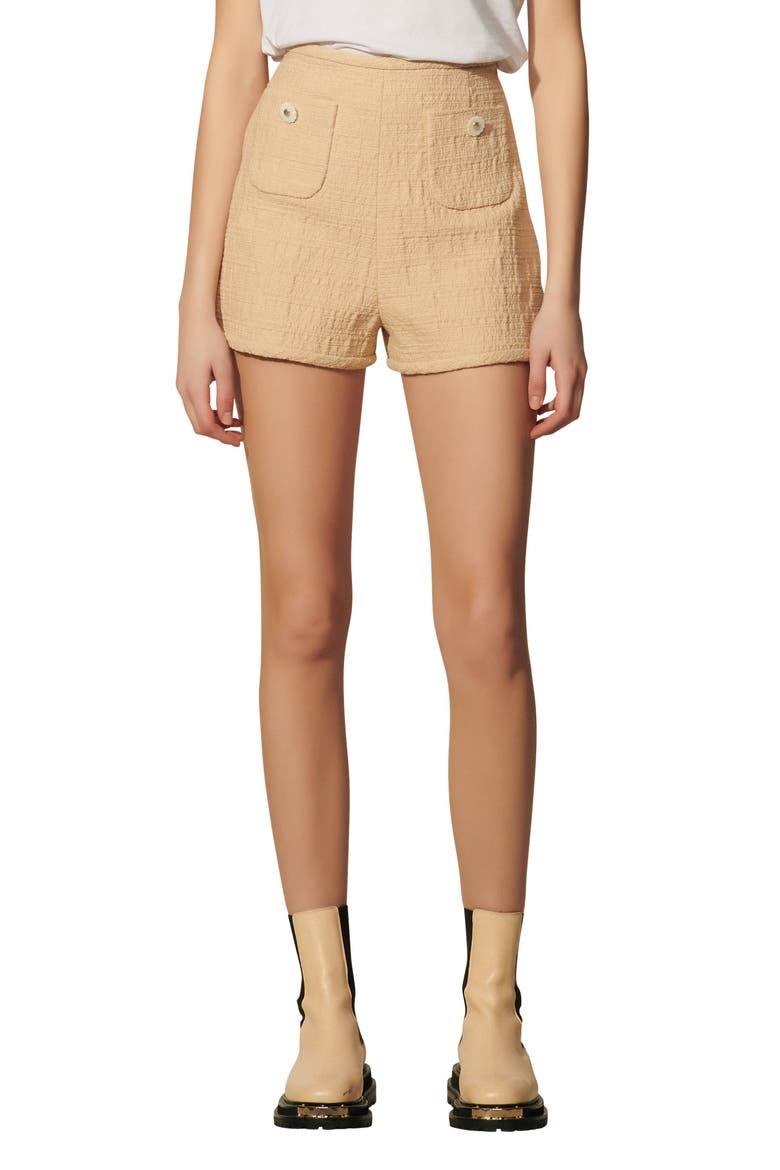 Pierrot Button Detail Cotton Blend Shorts, Main, color, BEIGE