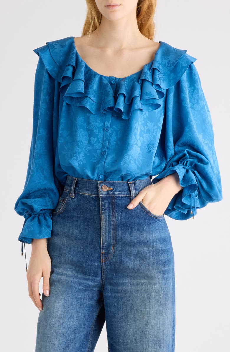 Chloé Floral Jacquard Silk Top, Main, color, Deep Water