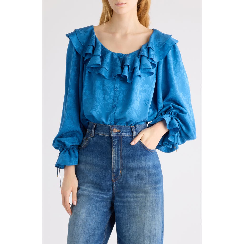 Chloé Floral Silk Jacquard Ruffle Top In Blue