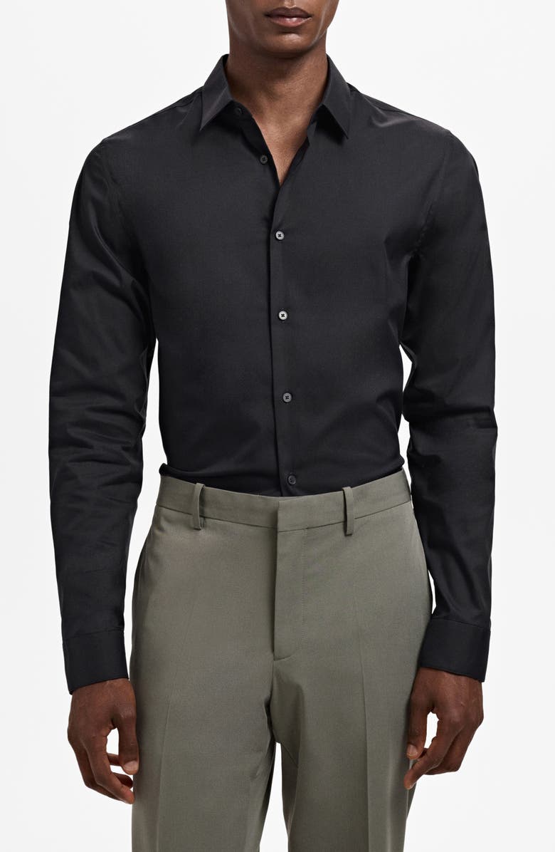 MANGO Slim Fit Cotton Button-Up Shirt, Main, color, Black