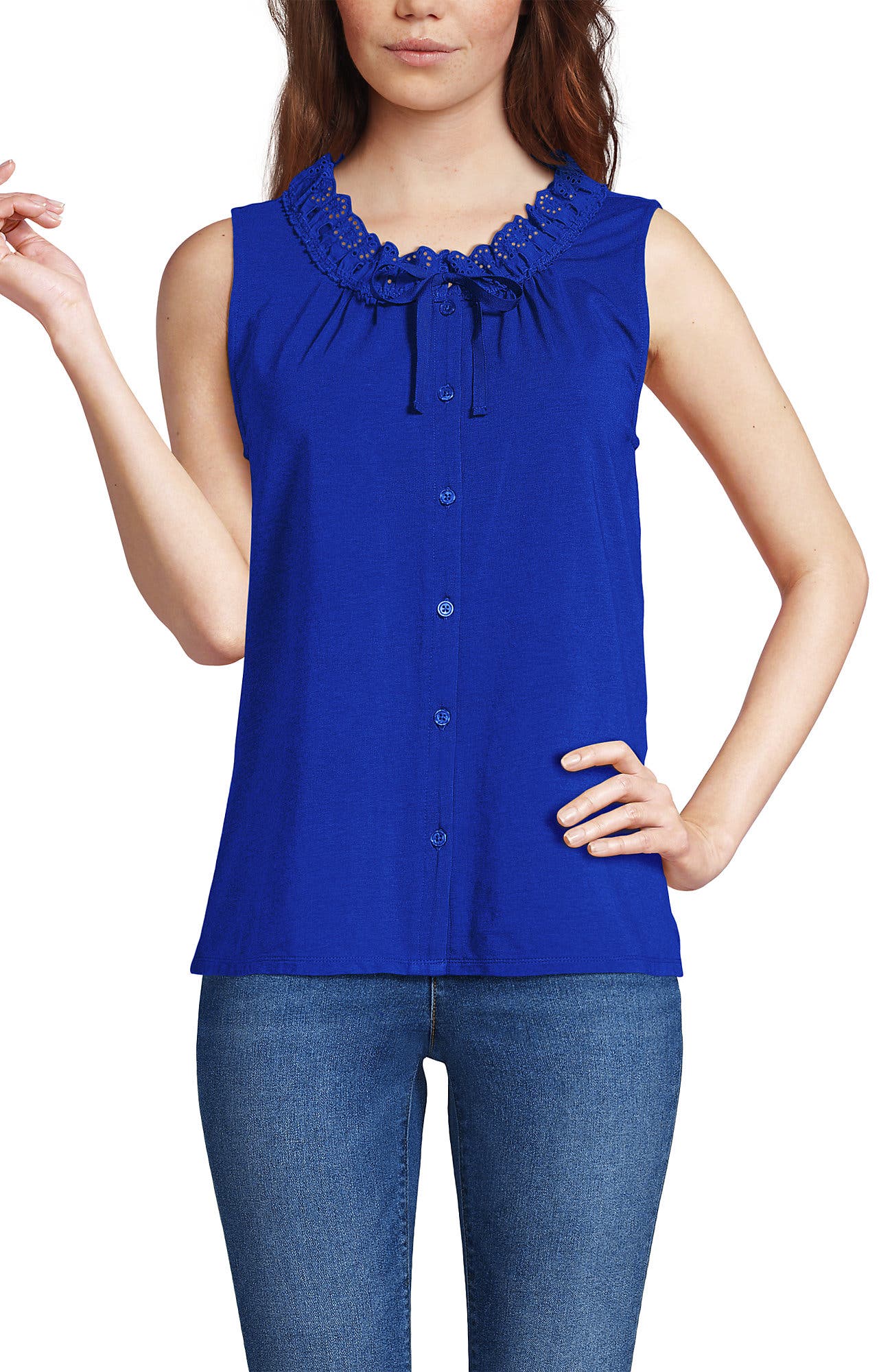Lightweight Jersey Button Front Lace Trim Tank - image 5
