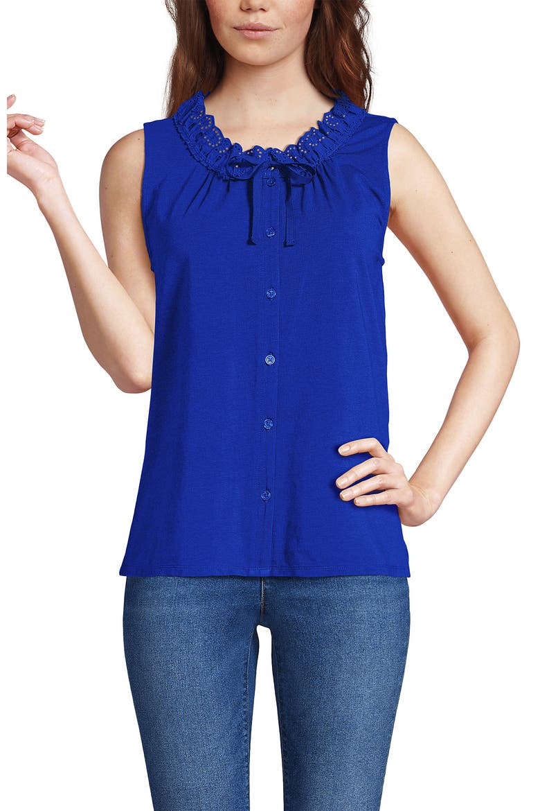 Lightweight Jersey Button Front Lace Trim Tank, Main, color, Vibrant Lapis