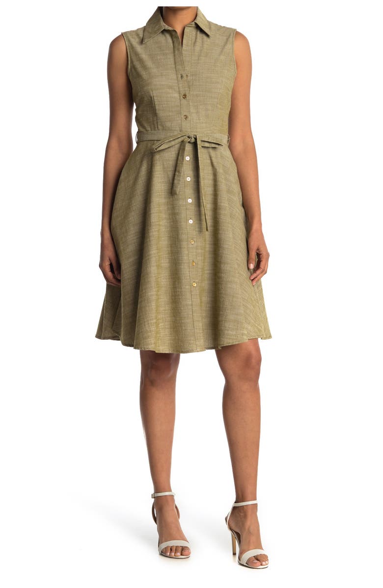 Sharagano Sleeveless Tie Waist Shirt Dress, Alternate, color,