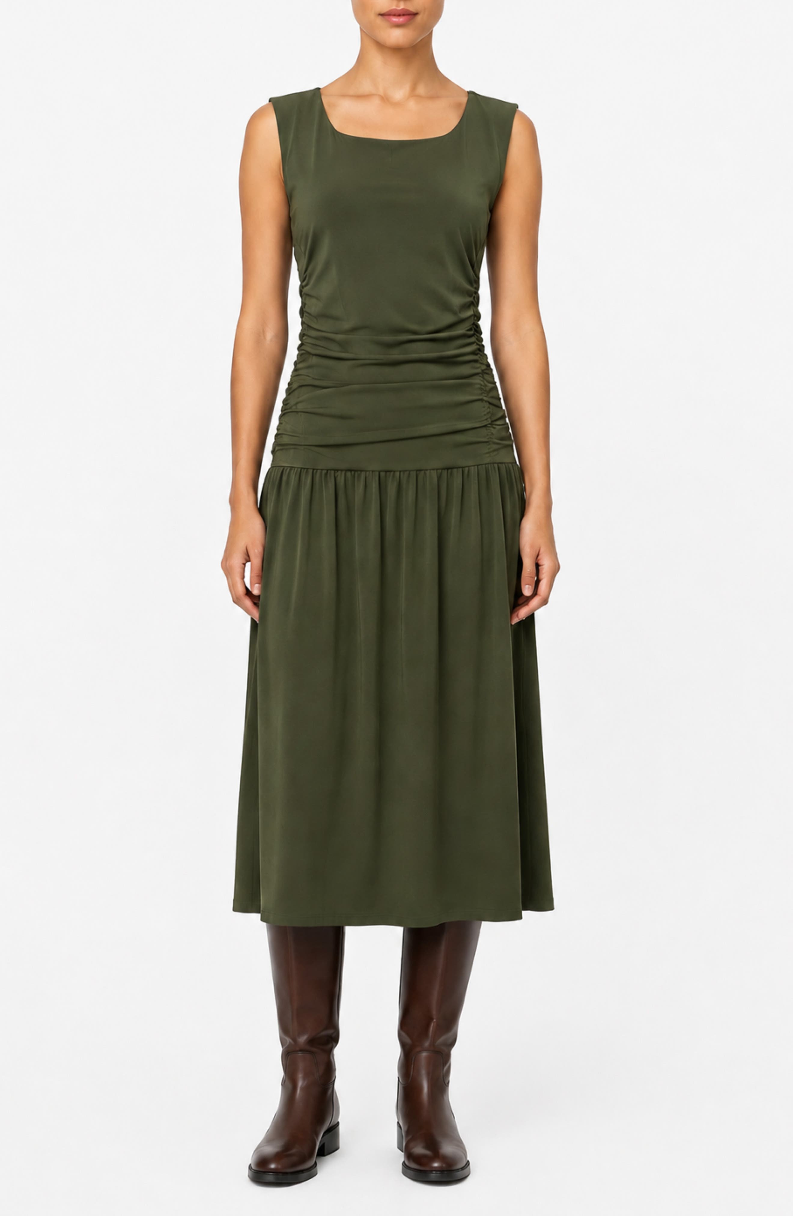 Ruched Sleeveless Drop Waist Midi Dress