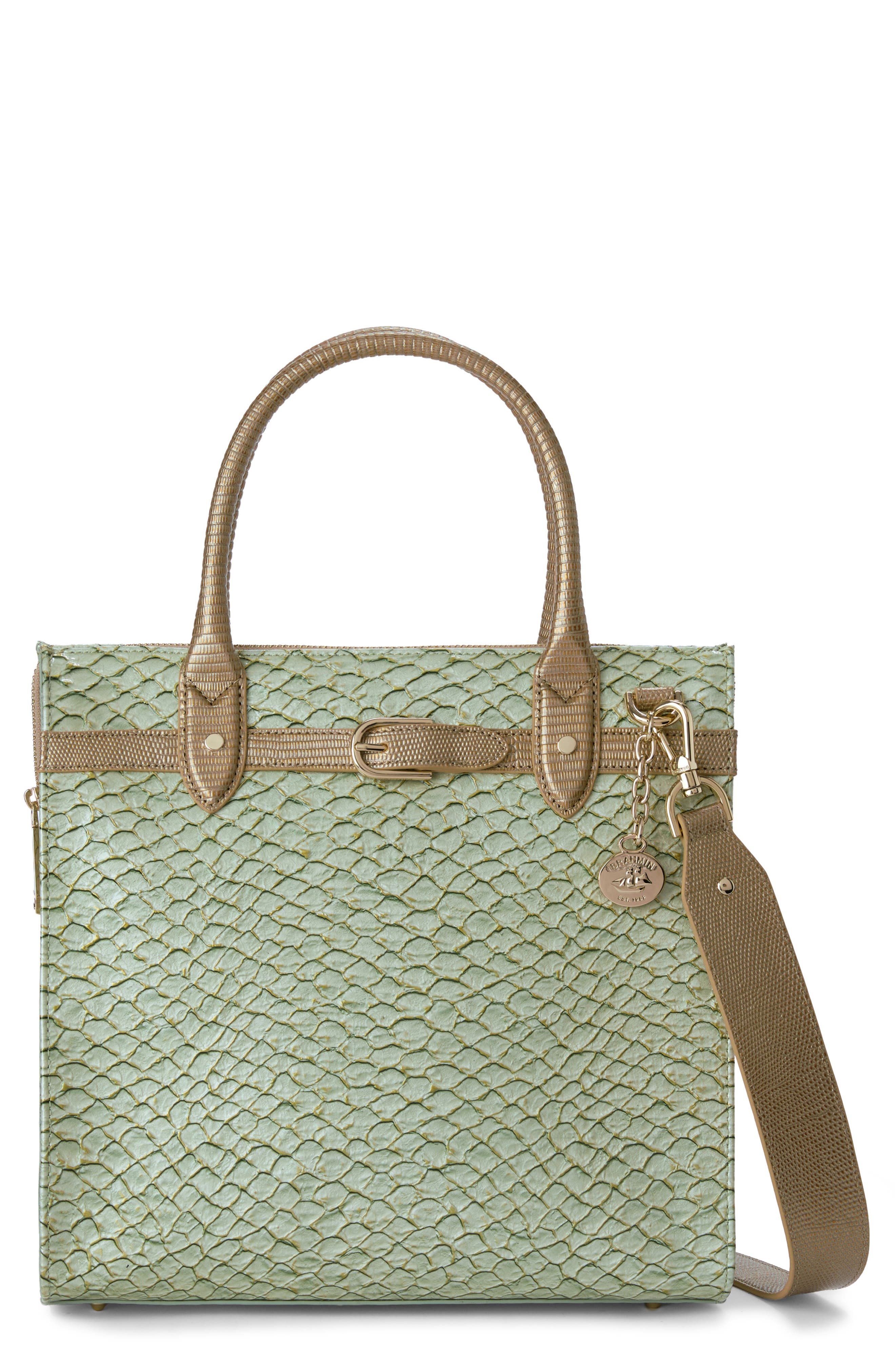 Brahmin Caroline Croc Embossed Leather Satchel, Main, color, Mint Novella