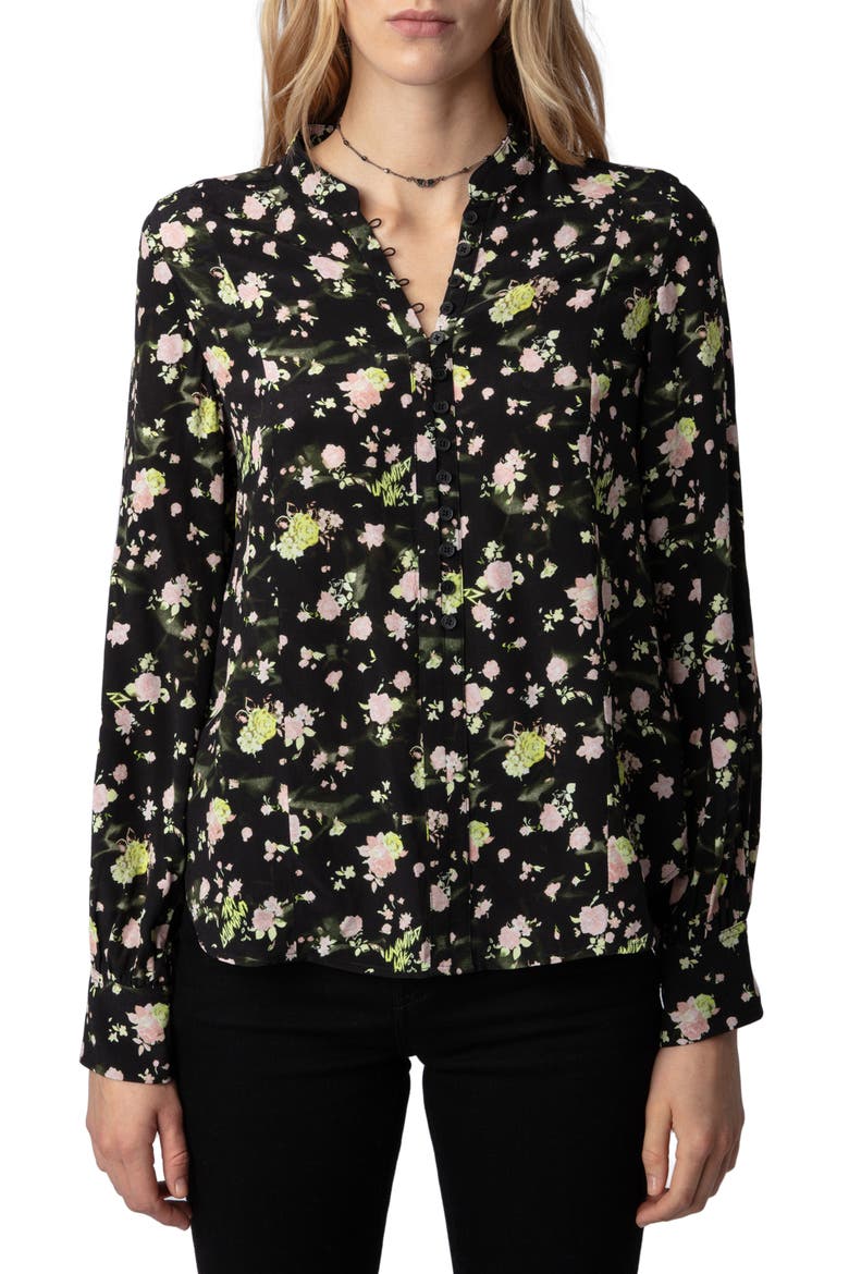 Twina Rose Print Button-Up Shirt, Main, color, NOIR