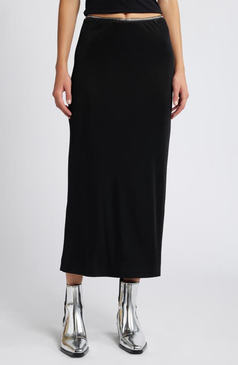 Gwenyth Studded Leather Trim Midi Skirt