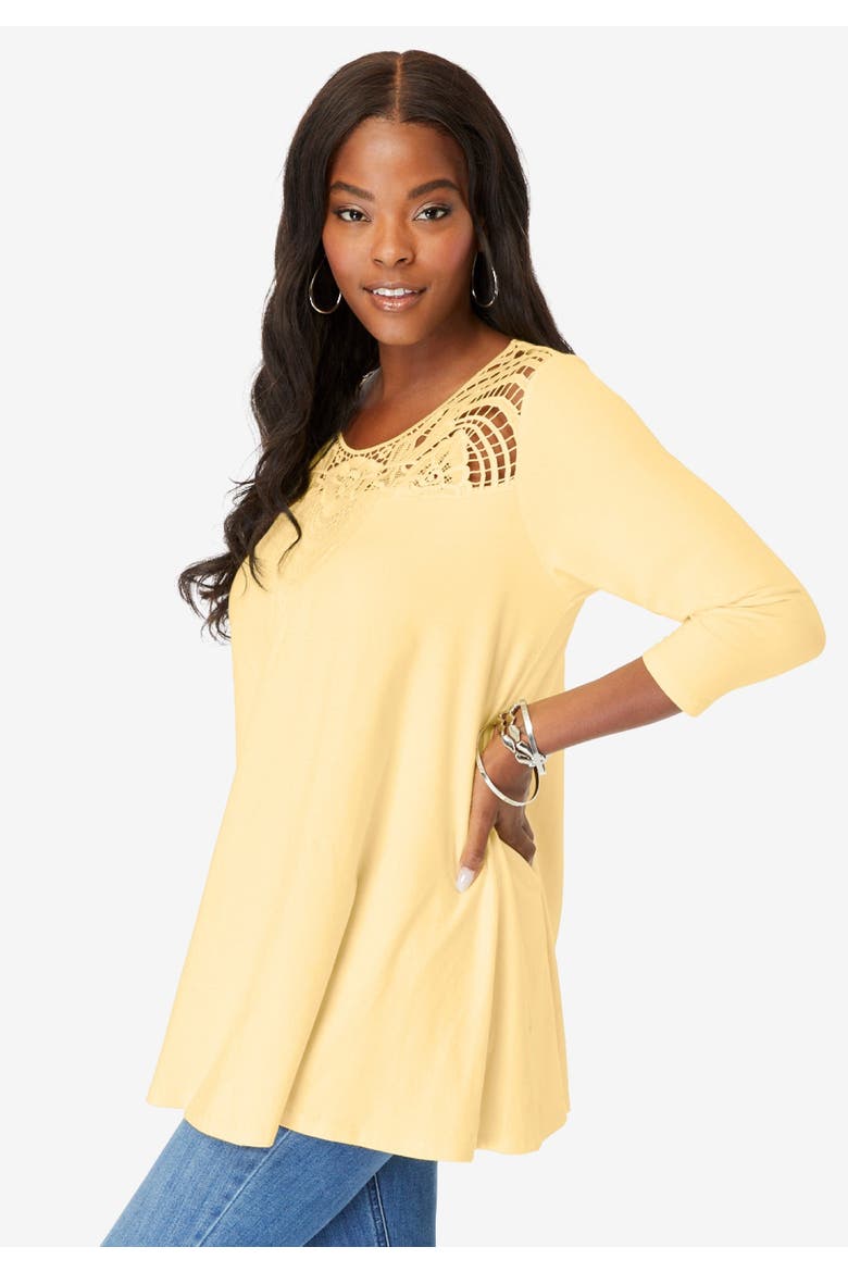 Plus Size Crochet Embellished Swing Ultra Femme Tee, Alternate, color, BLACK