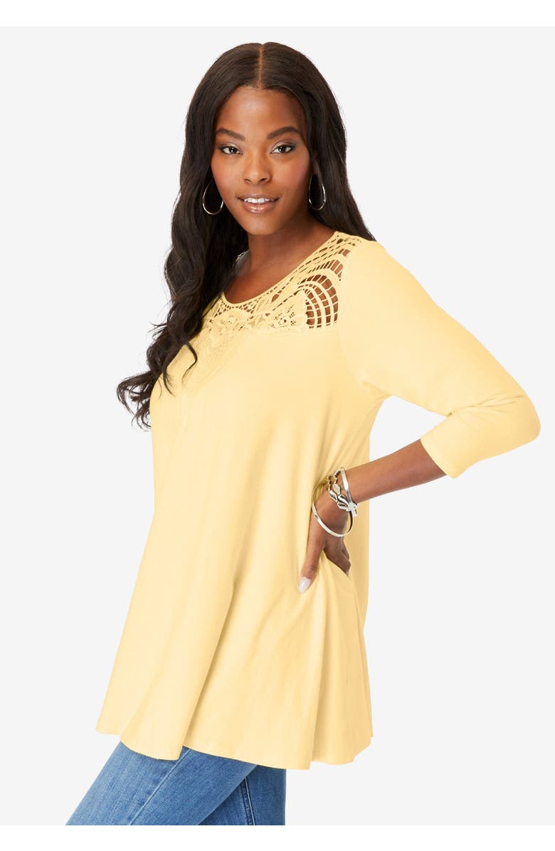 Roaman's Lace Embellished Swing Ultra Femme Top, Alternate, color, Black