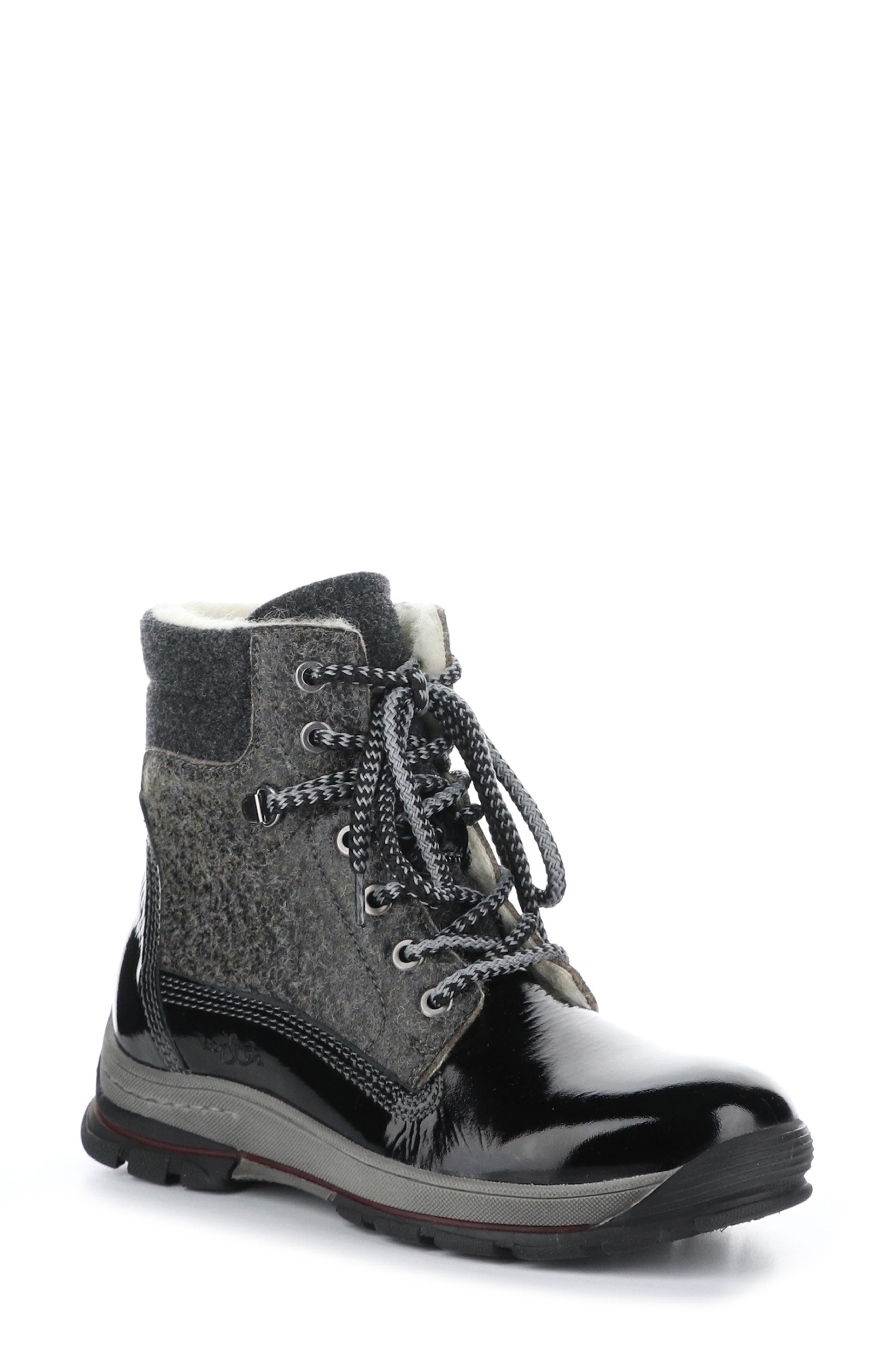 Gift Lace Up Wool & Leather Boot, Main, color, BLACK PATENT