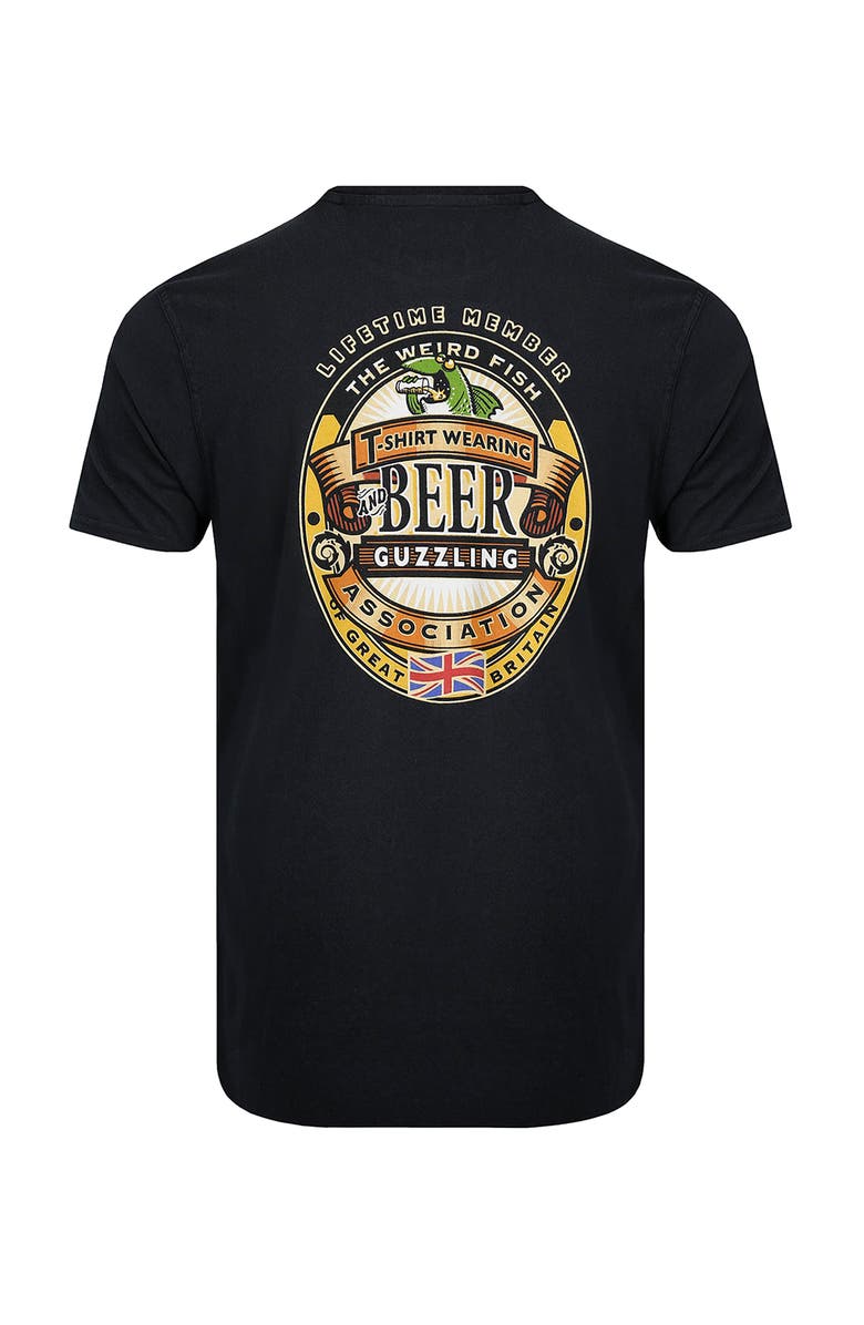 Weird Fish Beer Guzzling Back Print Artist T-Shirt, Alternate, color, Black