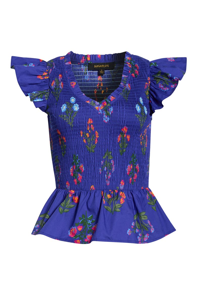Clemen Floral Brish Smocked Flutter Sleeve Peplum Cotton Top, Alternate, color, NAVY