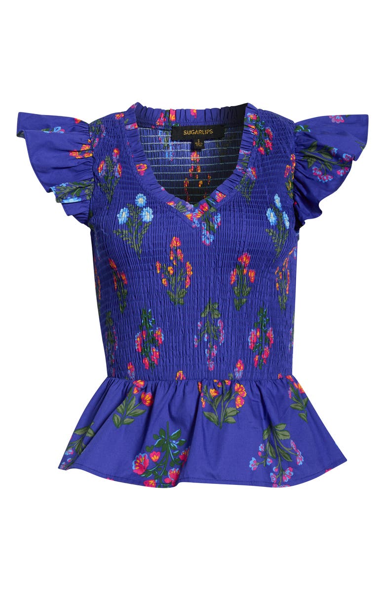 SUGARLIPS Clemen Floral Brish Smocked Flutter Sleeve Peplum Cotton Top, Main, color, Navy