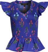 SUGARLIPS Clemen Floral Brish Smocked Flutter Sleeve Peplum Cotton Top