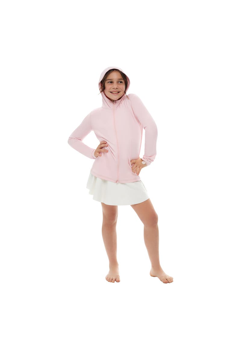 Kid's Long Sleeve Full Zip Hoodie Top with Sun and UV Protection, Main, color, Tickle Me Pink