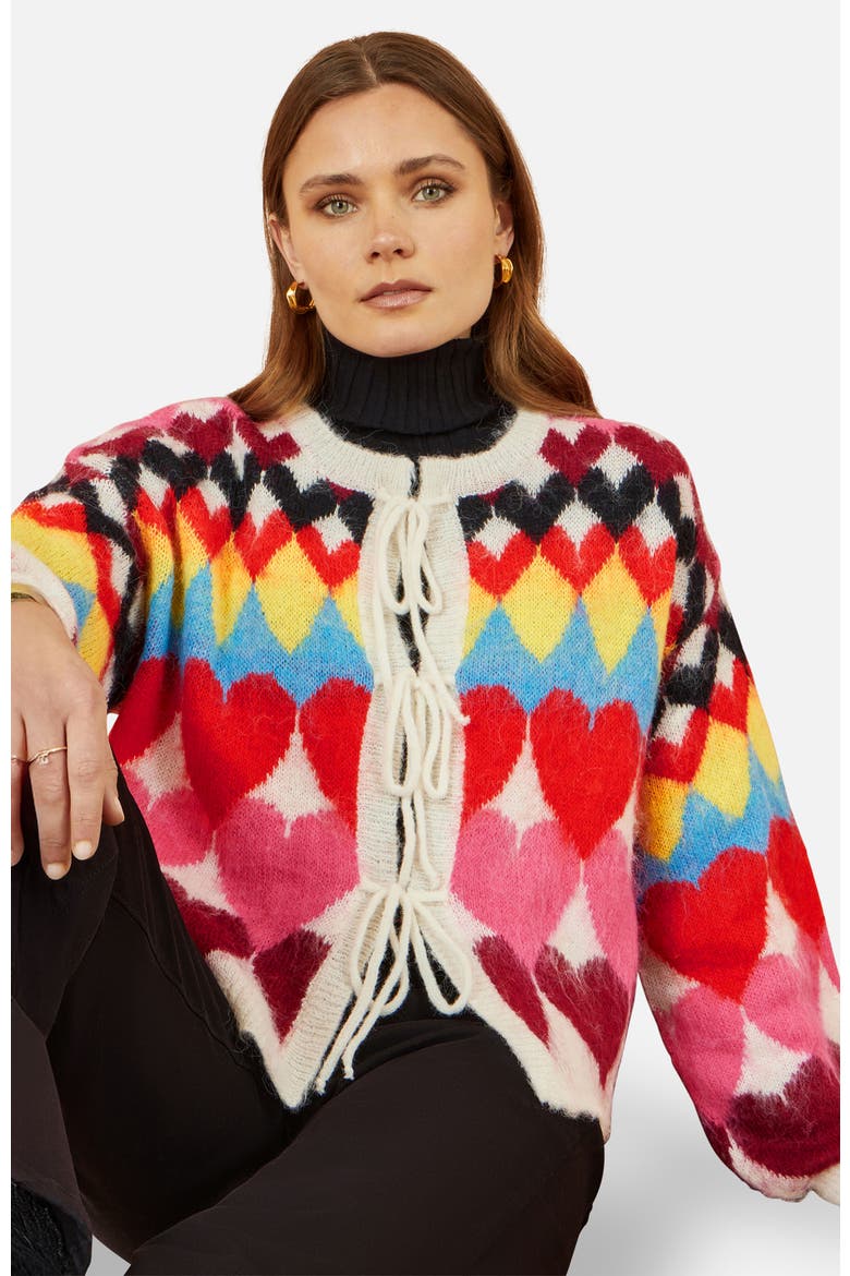 Tie Front Heart Intarsia Cardigan, Alternate, color, Multi