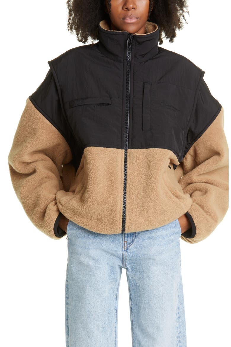 Oversize Nylon & Double Face Fleece Jacket, Main, color, CAMEL/ BLACK
