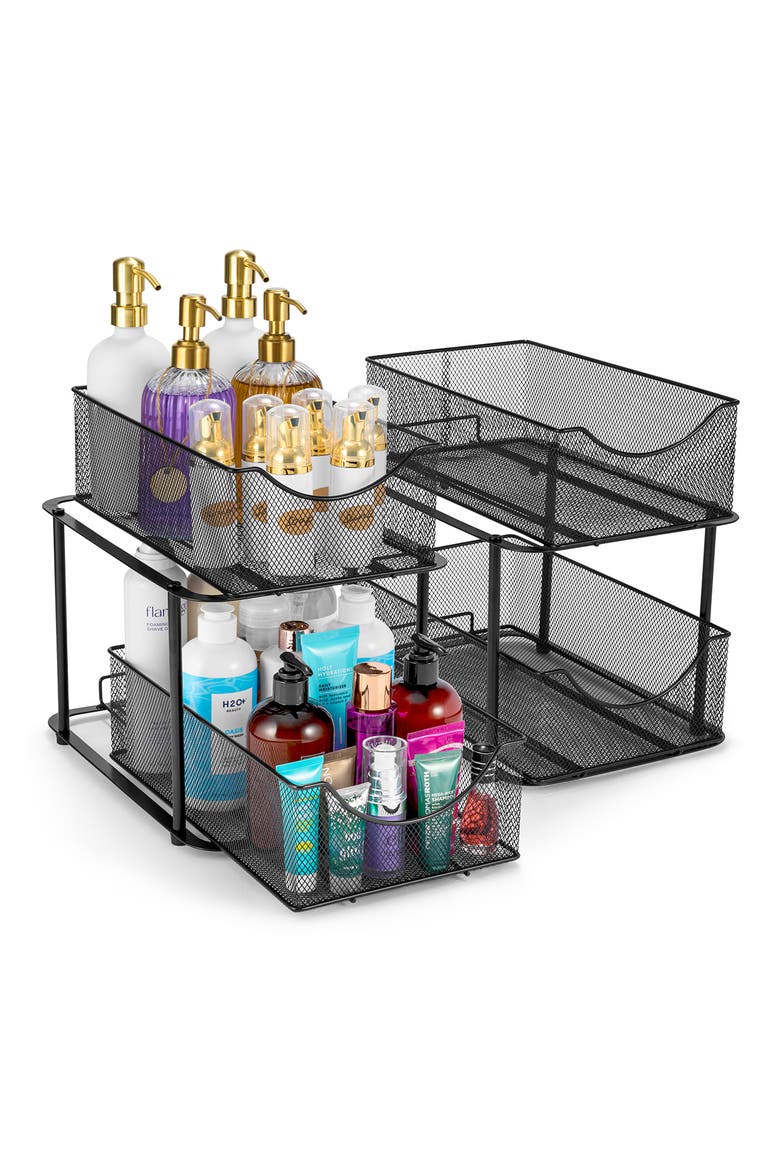 2-Tier Metal Sliding Bin Organizer, Main, color, BLACK