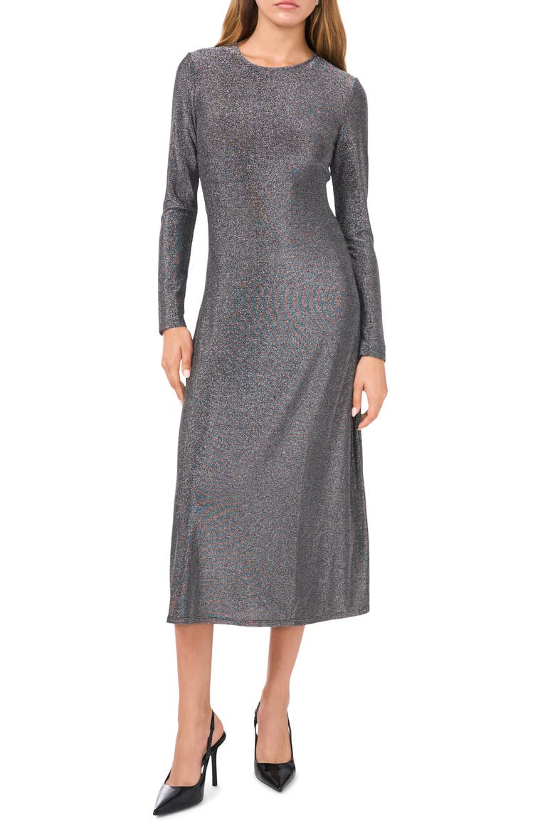 Long Sleeve Metallic Knit Midi Dress, Main, color, RICH BLACK