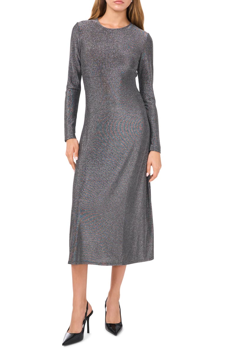 1.STATE Long Sleeve Metallic Knit Midi Dress, Main, color, Rich Black