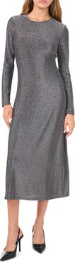 1.STATE Long Sleeve Metallic Knit Midi Dress