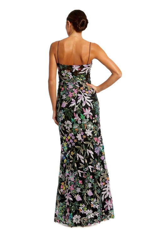 Mac Duggal Spaghetti Strap Bustier Embroidered Applique Gown In Black Multi