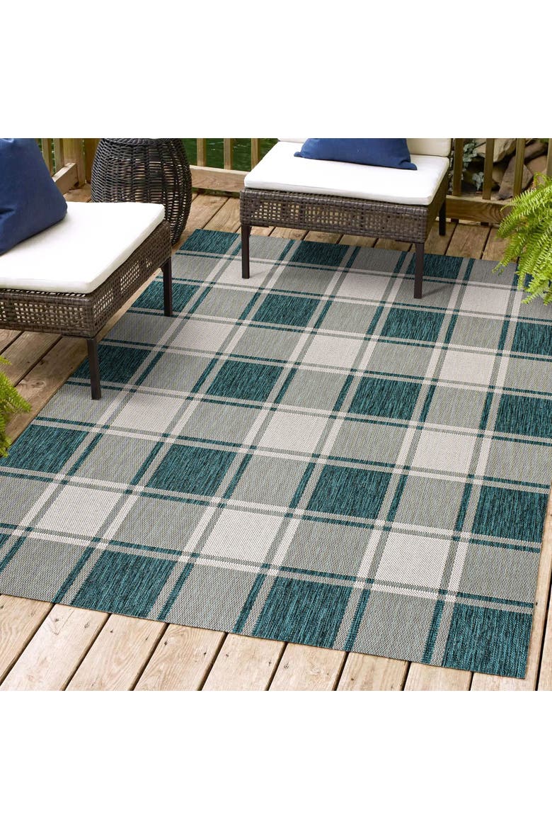 Sabine Traditional Farmhouse Bold Gingham Indoor/Outdoor Area Rug, Alternate, color, Turquoise/Cream