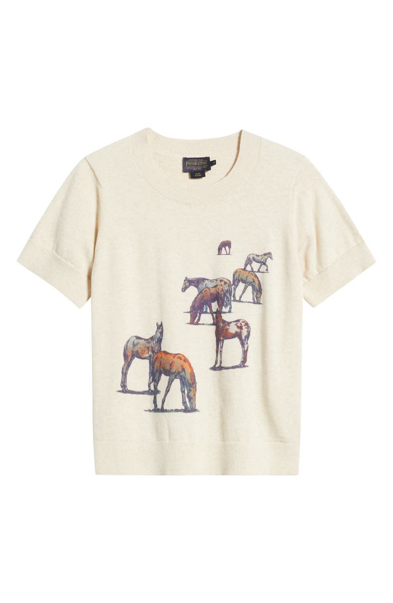 Pendleton Wild Horse Print Short Sleeve Cotton Sweater, Alternate, color, Ecru