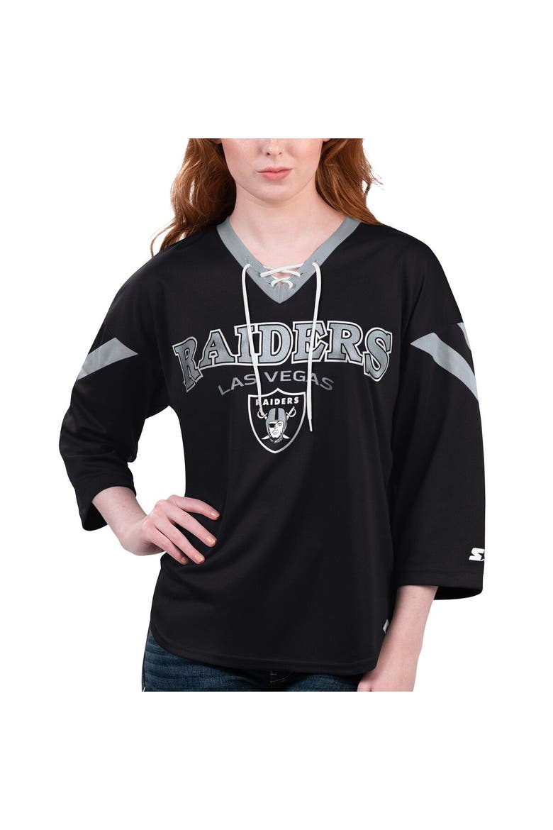 Women's Starter Black Las Vegas Raiders Rally Lace-Up 3/4 Sleeve T-Shirt, Main, color, Black