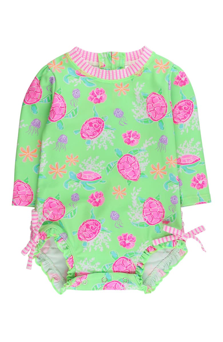 RuffleButts UPF50+ Sun Protected Neon Long Sleeve One Piece Rash Guard Swimsuit, with Signature Rear Ruffles, Main, color, Neon Turtle Tide