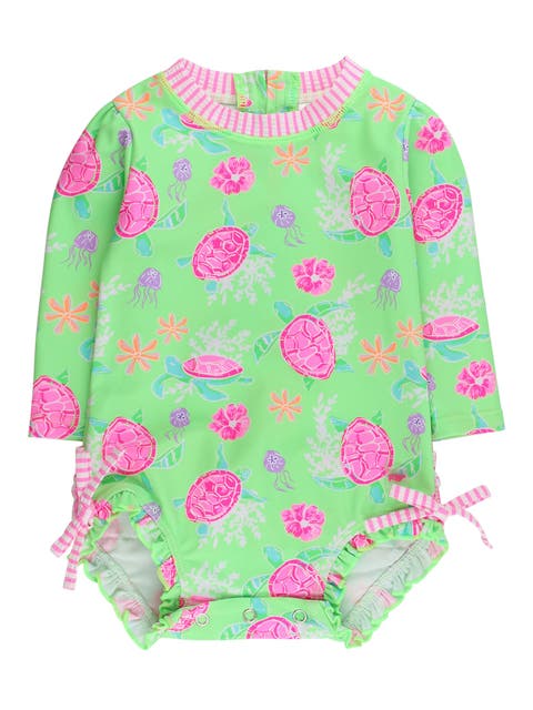 UPF50+ Sun Protected Neon Long Sleeve One Piece Rash Guard Swimsuit, with Signature Rear Ruffles