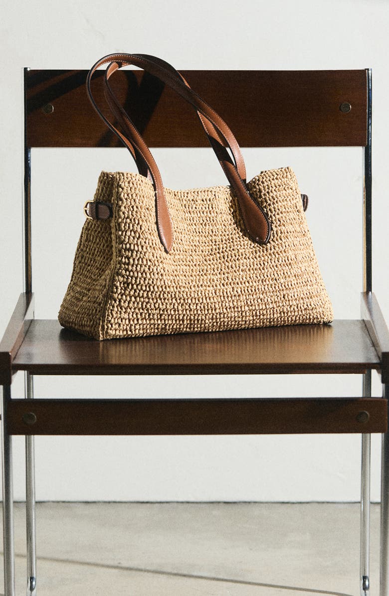 MANGO Natural Fiber City Shoulder Bag, Alternate, color, Leather