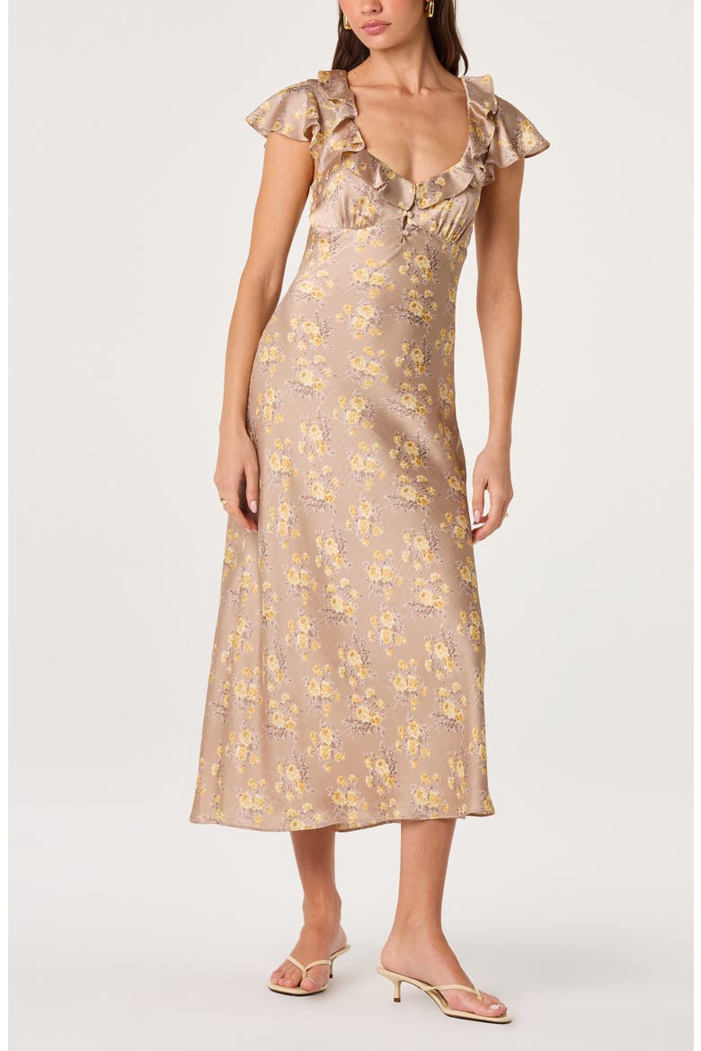 Nico Floral Ruffle Cap Sleeve Midi Dress, Alternate, color, TAUPE YELLOW FLORAL