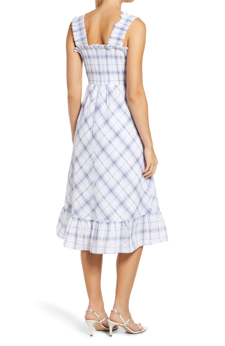 Eliza J Smocked Plaid Cotton Seersucker Midi Sundress, Alternate, color, 