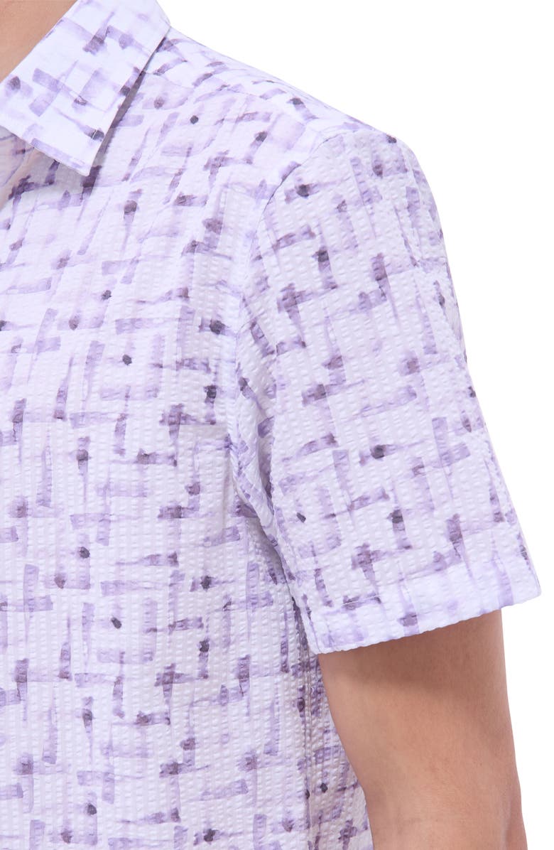 Bugatchi Orson Geo Print Short Sleeve Cotton Seersucker Button-Up Shirt, Alternate, color, Lilac