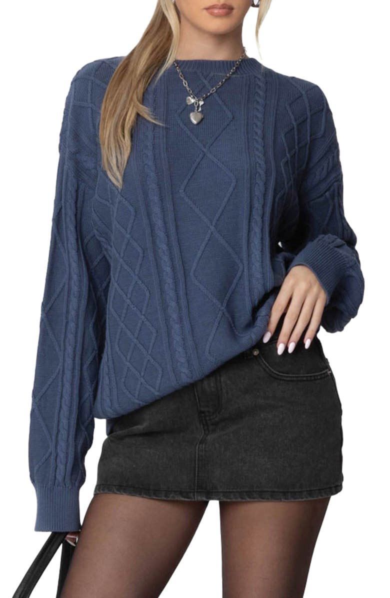 EDIKTED Jessy Oversize Cable Stitch Sweater, Main, color, Blue