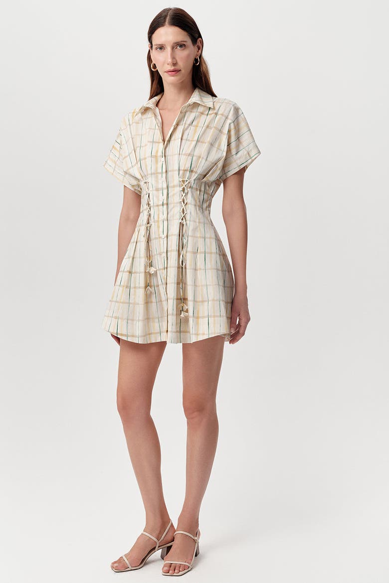 Alberge Short Sleeve Tie Waist Plaid Mini Dress, Main, color, Multi Color