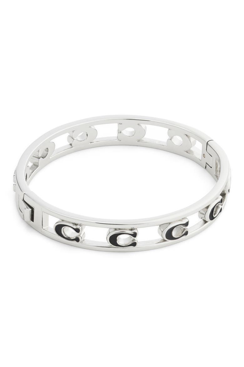 Signature C Open Enamel Hinge Bracelet, Alternate, color, BLACK/ RHODIUM