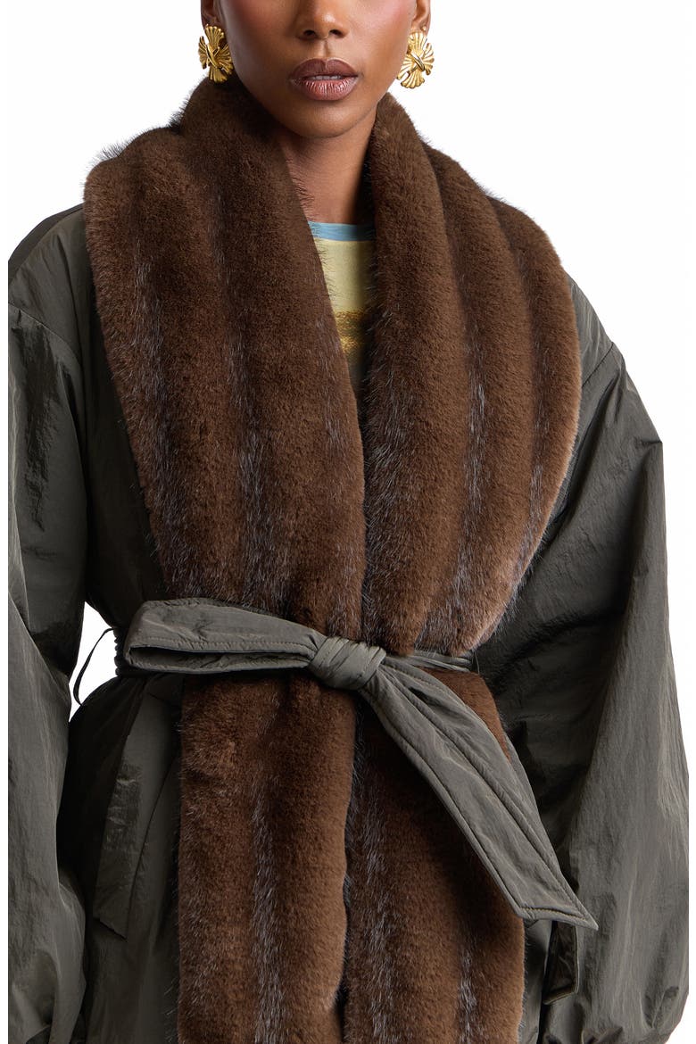 Balloon Belted Puffer Coat with Faux Fur Trim, Alternate, color, DARK FOREST/ MINK