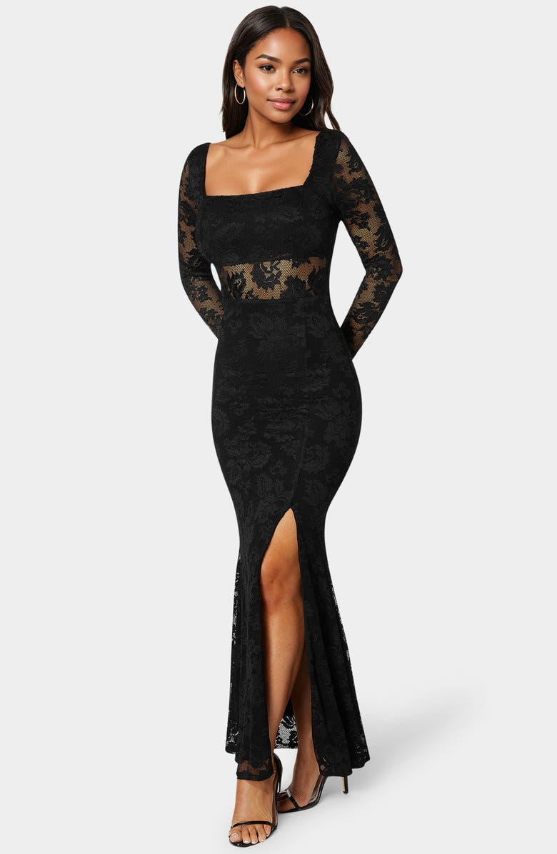 bebe Illusion Panel Long Sleeve Lace Maxi Dress, Alternate, color, Black