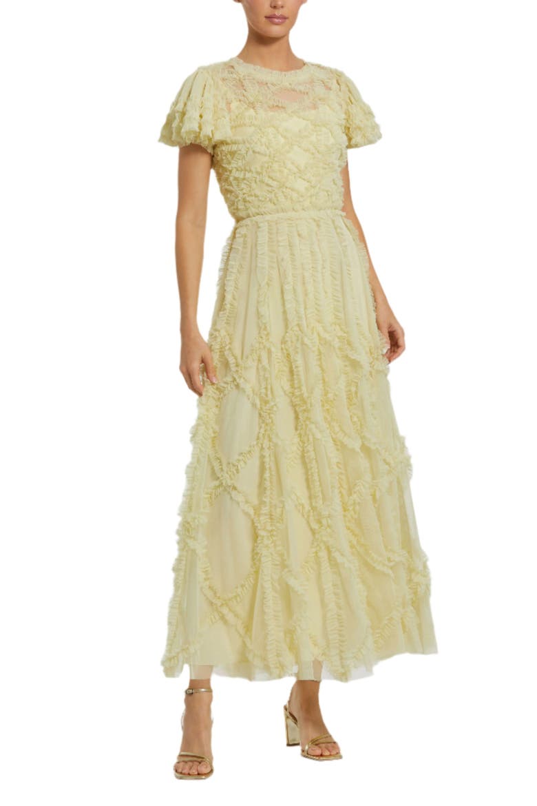 Solid Mesh Dotted Micro Ruffle High Neck Gown, Main, color, Buttercup