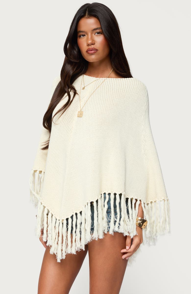 EDIKTED Kamila Fringe Trim Cotton Poncho, Alternate, color, Cream