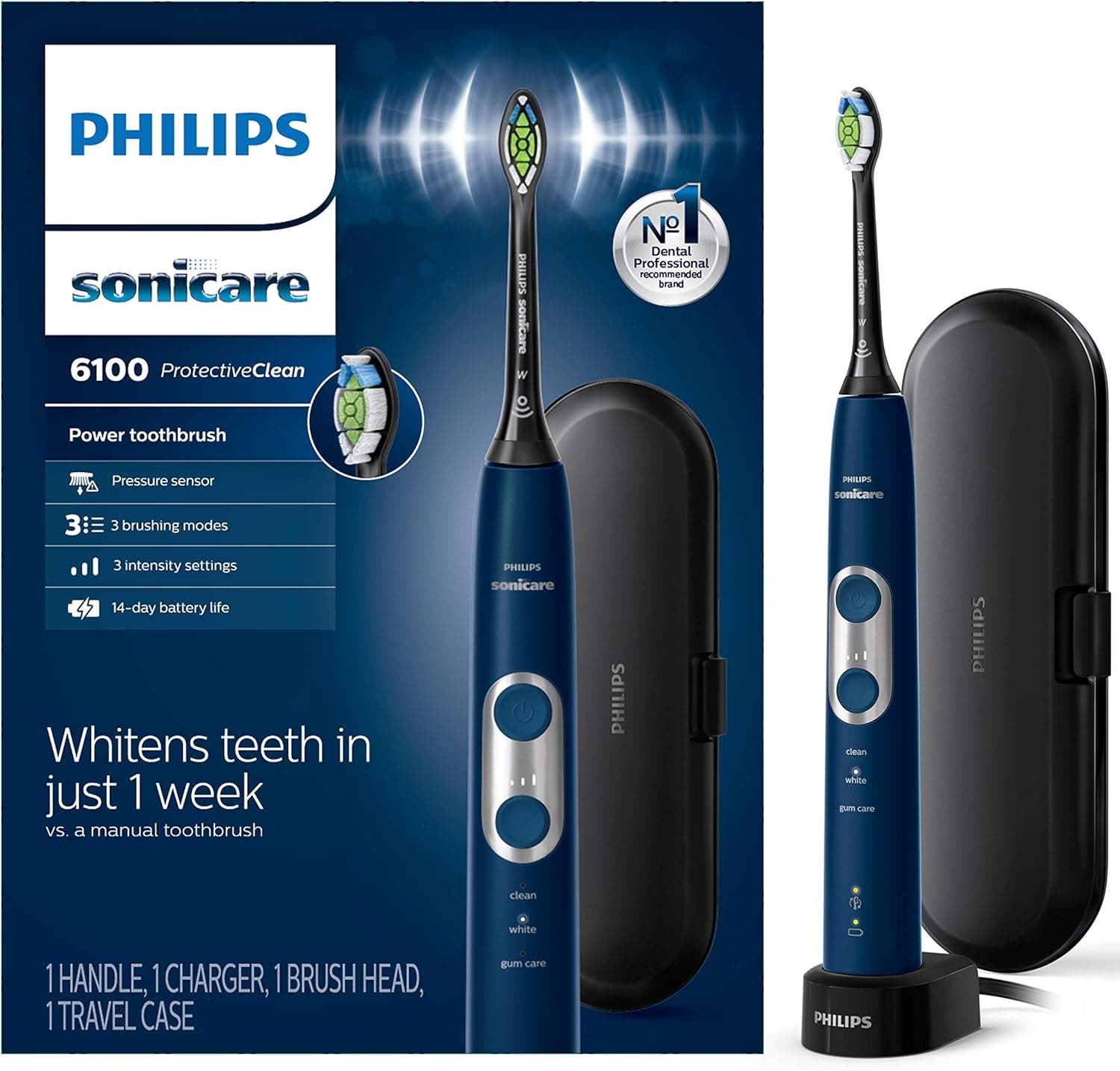 Philips Sonicare Protectiveclean 6100 Electric Toothbrush Navy Case In Blue