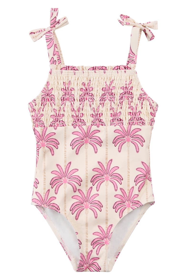 Kids' Pink Palms Smocked UPF 50+ One-Piece Swimsuit, Main, color, OFF WHITE