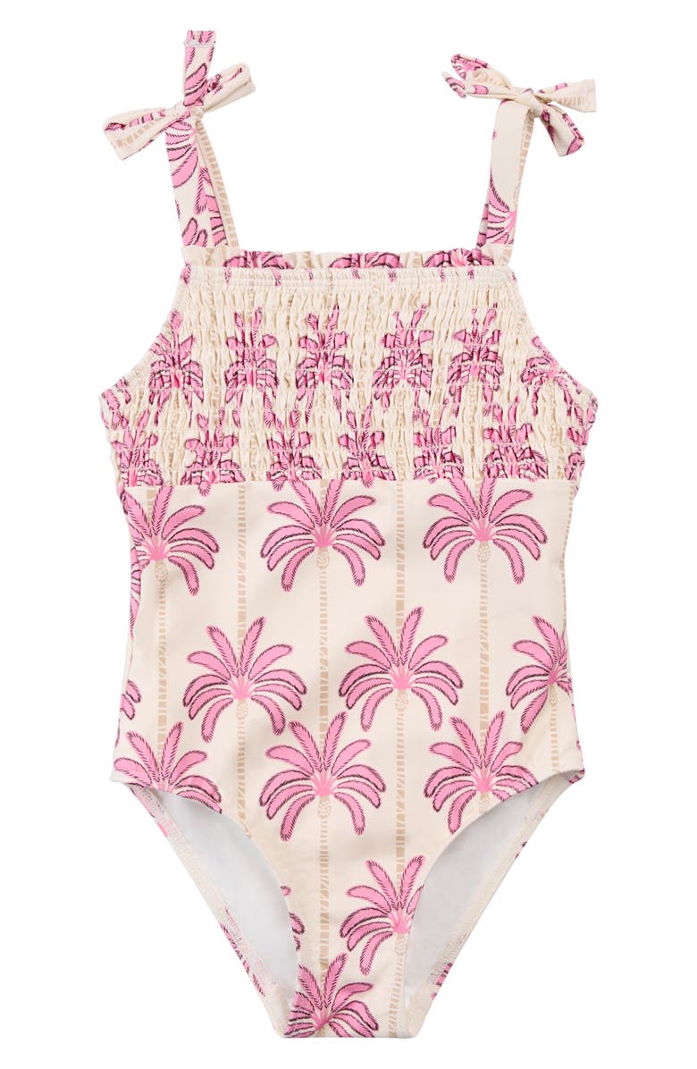 MILES THE LABEL Kids' Pink Palms Smocked UPF 50+ One-Piece Swimsuit, Main, color, Off White