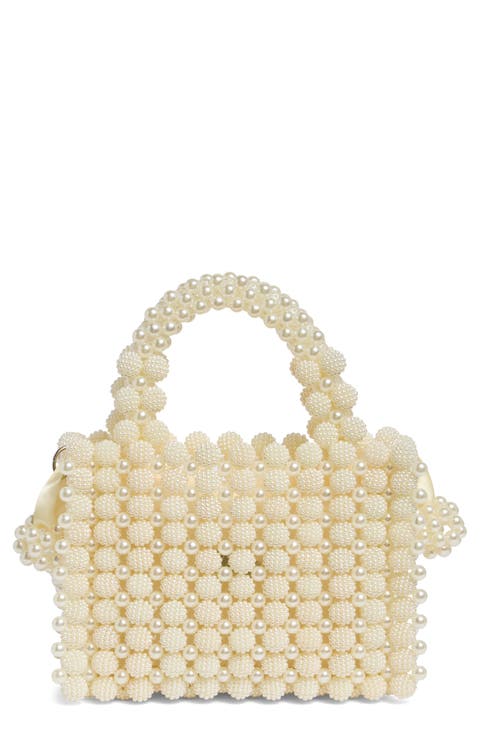 Faux Pearl Bead Top Handle Bag