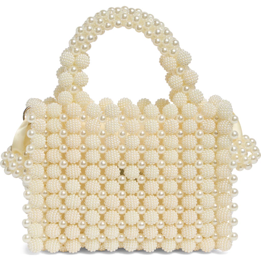 Shop Natasha Faux Pearl Bead Top Handle Bag In Ivory
