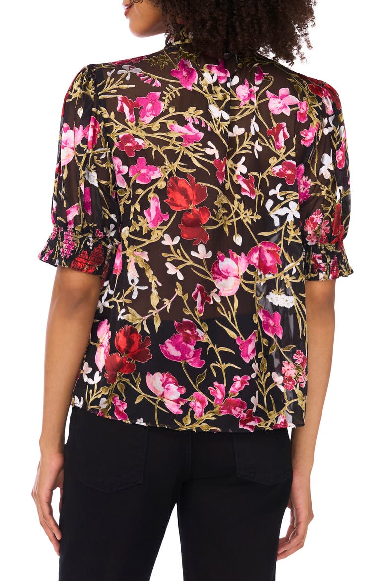 Floral Burnout Puff Sleeve Top, Alternate, color, RICH BLACK
